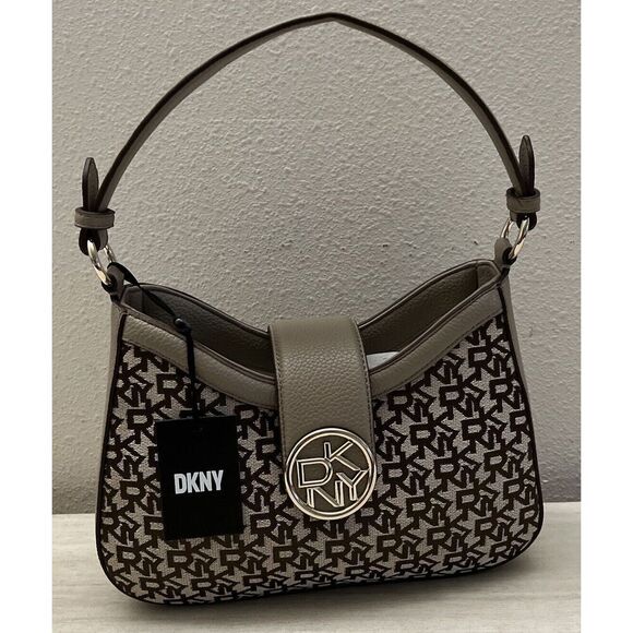 DKNY Bryce Demi Jacquard Monogram Logo Shoulder Bag Brown Beige Taupe - Picture 1 of 9